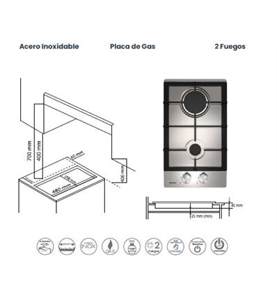 ENCIMERA MODULAR GAS-IX02 2F 30CM INOX - GAS-IX02