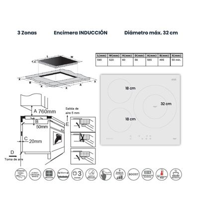 INDUCCION INFINITON IND3WH8G32 3 ZONAS CRSITAL BLO - IND3WH8G32