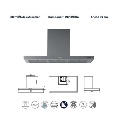CAMPANA INFINITON CMPT-STL9T8 90CM 600M3/H C - CMPT-STL9T8