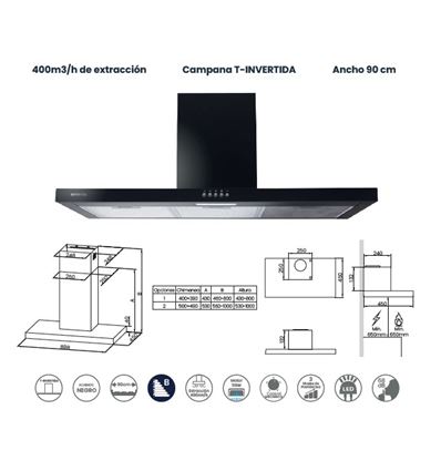 CAMPANA INFINITON CMPT-TSH9B63N 90CM 400M3/H NEG.B - CMPT-TSH9B63N