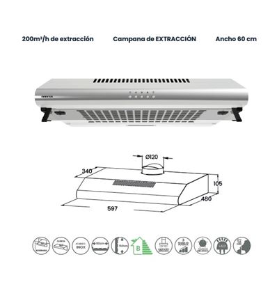 CAMPANA INFINITON 60 CMPV620XB10 200M3/H B INOX - CMPV-620XB10
