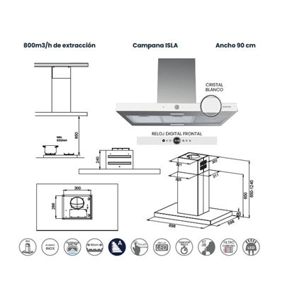 CAMPANA INFINITON CMPT-ISH97WG 90CM 800M3/H A - CMPT-ISH97WG