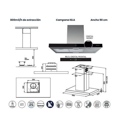 CAMPANA INFINITON CMPT-ISH98LR 90CM 800M3/H A - CMPT-ISH98LR