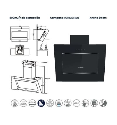 CAMPANA INFINITON 80 CMPTRAL80B 800M3/H A NEGRO - CMPTRAL-80B