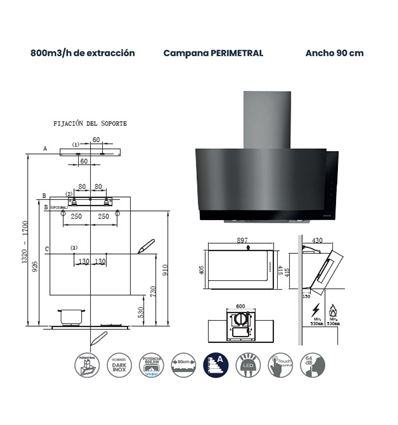 CAMPANA INFINITON 90 CMPTRALSS90 800 M3/H A INOX - CMPTRAL-SS90